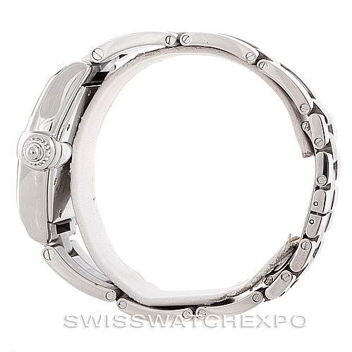 The image shows a side view of the Cartier Roadster W62041V3 Men's Stainless Steel Black Dial W62041V3 Men's Stainless Steel Black Dial watch, highlighting its case, crown, and part of the bracelet.