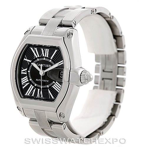 This image shows the Cartier Roadster W62041V3 Men's Stainless Steel Black Dial W62041V3 Men's Stainless Steel Black Dial watch from a three-quarter angle, highlighting the face, bezel, crown, and metal bracelet.