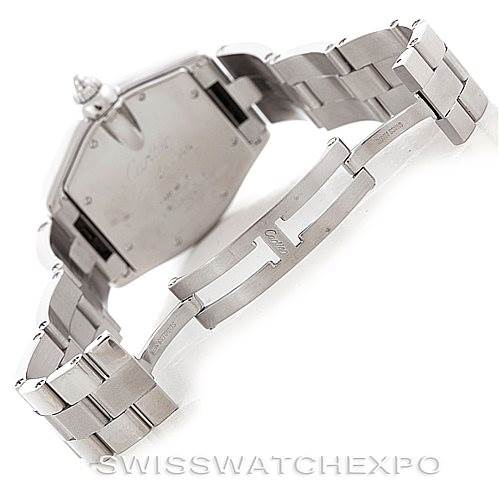 This image shows the back and metal bracelet of the Cartier Roadster W62041V3 Men's Stainless Steel Black Dial W62041V3 Men's Stainless Steel Black Dial watch, focusing on the clasp and case back.