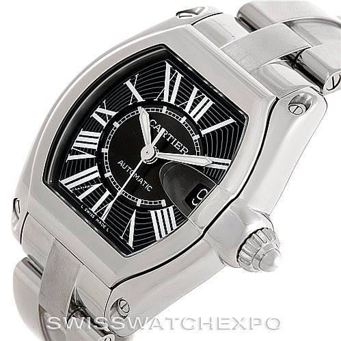 This image shows a close-up angle of the Cartier Roadster W62041V3 Men's Stainless Steel Black Dial W62041V3 Men's Stainless Steel Black Dial watch, highlighting the face, bezel, crown, and part of the bracelet.