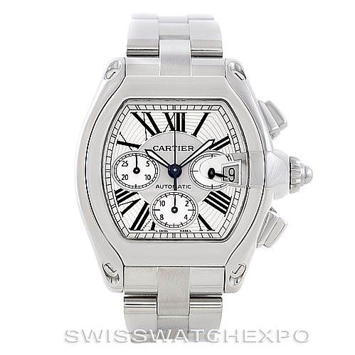 The Cartier Roadster W62019X6 Men's Stainless Steel Silver Dial W62019X6 Men's Stainless Steel Silver Dial watch is shown from a front angle, displaying its dial, case, and bracelet.