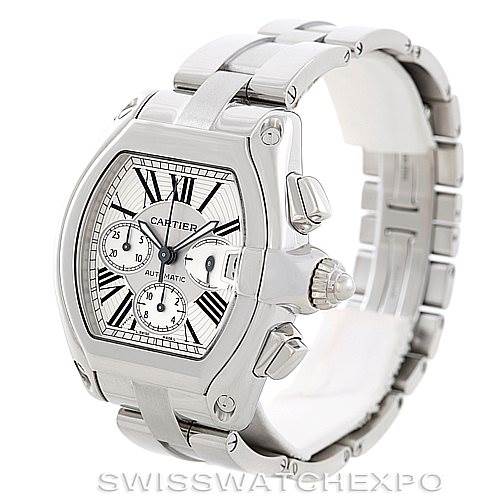 The Cartier Roadster W62019X6 Men's Stainless Steel Silver Dial W62019X6 Men's Stainless Steel Silver Dial model watch is shown at a three-quarter angle, displaying the face, case, and bracelet.