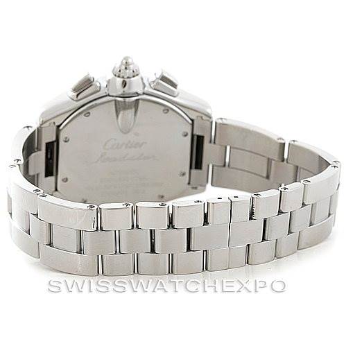 This image displays the back case and stainless steel bracelet of the Cartier Roadster W62019X6 Men's Stainless Steel Silver Dial W62019X6 Men's Stainless Steel Silver Dial watch from a rear angle.