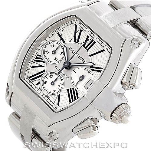 The image shows a close-up view of the Cartier Roadster W62019X6 Men's Stainless Steel Silver Dial W62019X6 Men's Stainless Steel Silver Dial model watch, highlighting the dial, case, crown, and part of the bracelet.