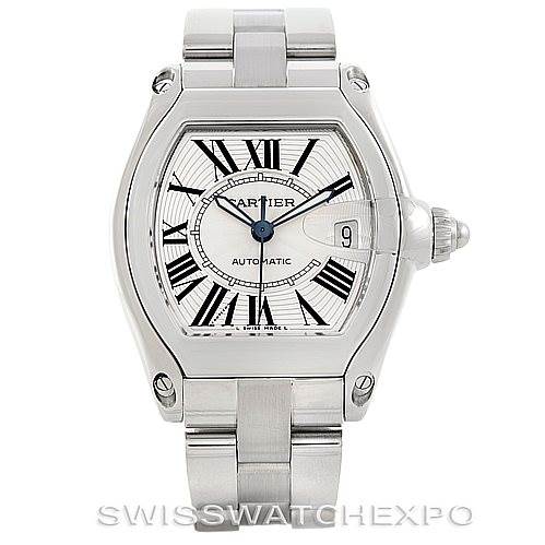 The image shows a front view of the Cartier Roadster W62025V3 Men's Stainless Steel Silver Dial W62025V3 Men's Stainless Steel Silver Dial watch, displaying its face, bezel, bracelet, and crown.