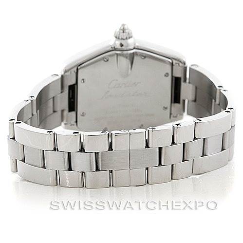 This image shows the back view of the Cartier Roadster W62025V3 Men's Stainless Steel Silver Dial W62025V3 Men's Stainless Steel Silver Dial watch, focusing on its stainless steel bracelet and case back.