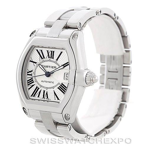 The image shows a Cartier Roadster W62025V3 Men's Stainless Steel Silver Dial W62025V3 Men's Stainless Steel Silver Dial watch at a three-quarter angle, highlighting the face, crown, and bracelet.