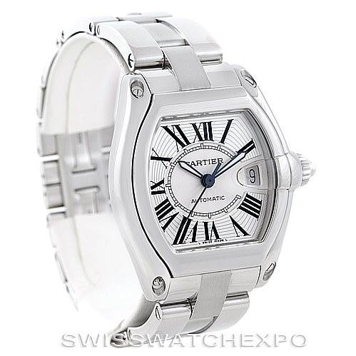 The image shows a Cartier Roadster W62025V3 Men's Stainless Steel Silver Dial W62025V3 Men's Stainless Steel Silver Dial watch at a three-quarter angle, highlighting its silver bracelet, bezel, dial, and date window.