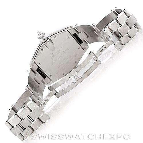 This image shows the back case and open stainless-steel bracelet of a Cartier Roadster W62025V3 Men's Stainless Steel Silver Dial W62025V3 Men's Stainless Steel Silver Dial watch.
