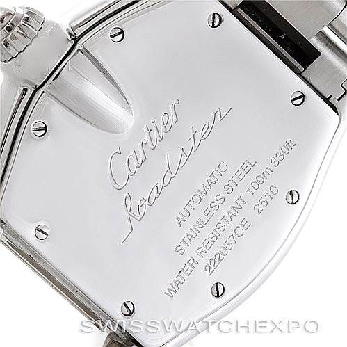 This image shows the back case of a Cartier Roadster W62025V3 Men's Stainless Steel Silver Dial W62025V3 Men's Stainless Steel Silver Dial watch, highlighting the engravings and metal details.