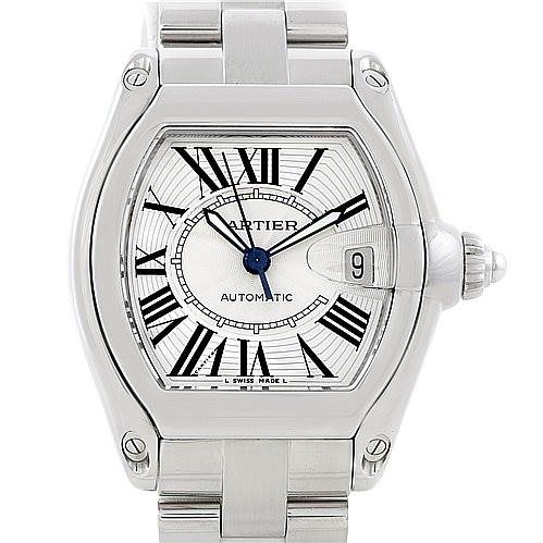 The image shows a front angle view of a Cartier Roadster W62025V3 Men's Stainless Steel Silver Dial W62025V3 Men's Stainless Steel Silver Dial watch, displaying the face, case, and part of the bracelet.