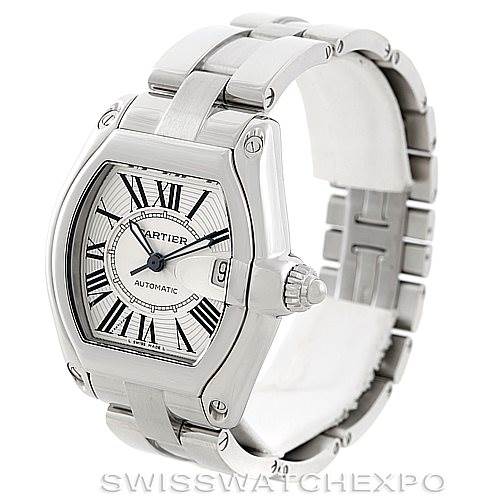 The image shows a Cartier Roadster W62025V3 Men's Stainless Steel Silver Dial W62025V3 Men's Stainless Steel Silver Dial watch at a three-quarter angle, highlighting the face, bracelet, and crown.