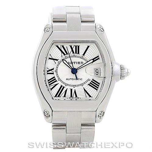 The image shows a front view of the Cartier Roadster W62025V3 Men's Stainless Steel Silver Dial W62025V3 Men's Stainless Steel Silver Dial watch, showcasing its dial, Roman numerals, hands, and bracelet.