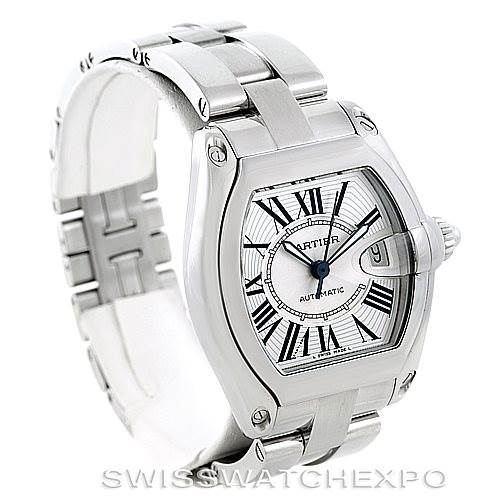 The image shows a Cartier Roadster W62025V3 Men's Stainless Steel Silver Dial W62025V3 Men's Stainless Steel Silver Dial watch at an angled view, highlighting the face, bezel, crown, and bracelet.