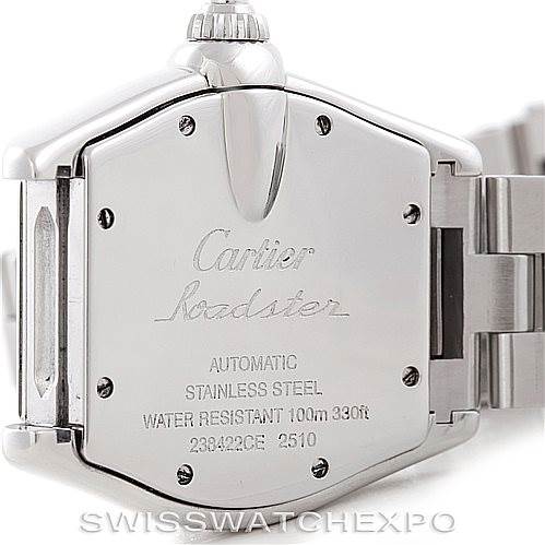 This image shows the back view of a Cartier Roadster W62025V3 Men's Stainless Steel Silver Dial W62025V3 Men's Stainless Steel Silver Dial watch, highlighting its stainless steel case and bracelet.