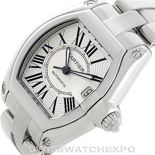 The image shows a close-up angle of the Cartier Roadster W62025V3 Men's Stainless Steel Silver Dial W62025V3 Men's Stainless Steel Silver Dial watch, highlighting its dial, crown, and part of the stainless steel bracelet.
