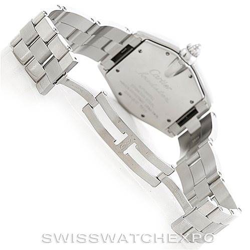 The image shows the backside of the Cartier Roadster W62025V3 Men's Stainless Steel Silver Dial W62025V3 Men's Stainless Steel Silver Dial watch, featuring its metal bracelet and deployment clasp.