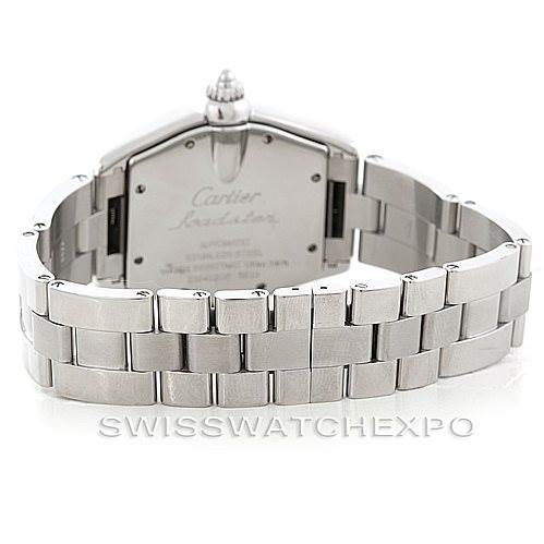 The image shows the back view of a Cartier Roadster W62025V3 Men's Stainless Steel Silver Dial W62025V3 Men's Stainless Steel Silver Dial watch, highlighting its case back and stainless steel bracelet.