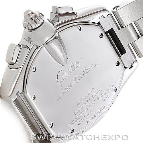 The image shows the back casing and part of the band of the Cartier Roadster W62019X6 Men's Stainless Steel Silver Dial W62019X6 Men's Stainless Steel Silver Dial watch, highlighting its inscriptions and attachment points.