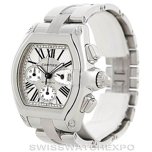 The image shows a side and front angle of the Cartier Roadster W62019X6 Men's Stainless Steel Silver Dial W62019X6 Men's Stainless Steel Silver Dial watch, highlighting its dial, crown, and stainless steel bracelet.