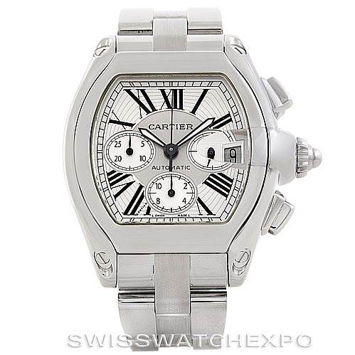 The Cartier Roadster W62019X6 Men's Stainless Steel Silver Dial W62019X6 Men's Stainless Steel Silver Dial watch is shown from a front angle, displaying the face, crown, pushers, and metal bracelet.