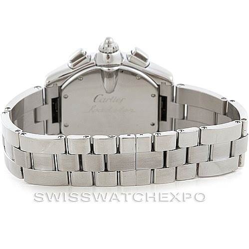 The image shows the back view of a Cartier Roadster W62019X6 Men's Stainless Steel Silver Dial W62019X6 Men's Stainless Steel Silver Dial watch, focusing on its bracelet and case back.