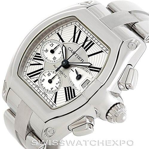 This image shows a Cartier Roadster W62019X6 Men's Stainless Steel Silver Dial W62019X6 Men's Stainless Steel Silver Dial watch at a three-quarter angle, highlighting the face, crown, subdials, and part of the bracelet.