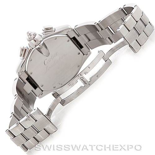 The image shows the back of a Cartier Roadster W62019X6 Men's Stainless Steel Silver Dial W62019X6 Men's Stainless Steel Silver Dial watch, focusing on its stainless steel bracelet and clasp.
