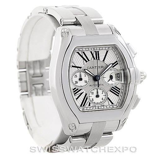 The image shows a Cartier Roadster W62019X6 Men's Stainless Steel Silver Dial W62019X6 Men's Stainless Steel Silver Dial watch from a front-side angle, displaying the face, bezel, and bracelet.