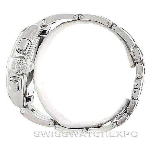 This side view of the Cartier Roadster W62019X6 Men's Stainless Steel Silver Dial W62019X6 Men's Stainless Steel Silver Dial watch shows the crown and pushers, as well as the metal bracelet.