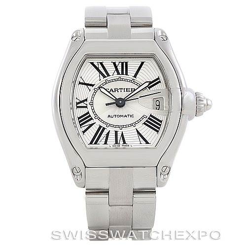 This image shows a Cartier Roadster W62025V3 Men's Stainless Steel Silver Dial W62025V3 Men's Stainless Steel Silver Dial watch from a front angle, displaying its face, case, and part of the bracelet.