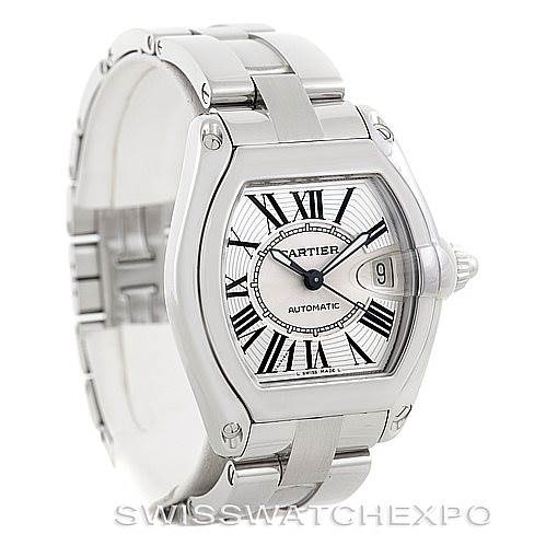 The image shows the Cartier Roadster W62025V3 Men's Stainless Steel Silver Dial W62025V3 Men's Stainless Steel Silver Dial watch from a front-left angle, displaying its face, bezel, and bracelet.