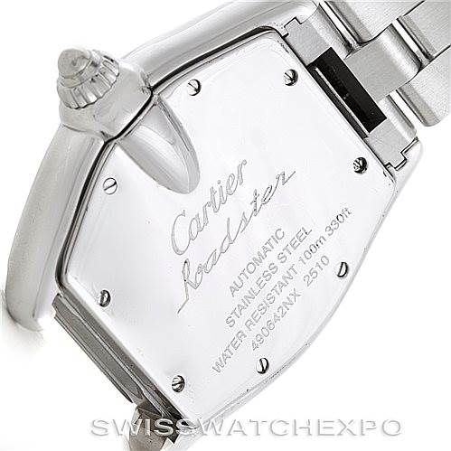 The image shows the back of a Cartier Roadster W62025V3 Men's Stainless Steel Silver Dial W62025V3 Men's Stainless Steel Silver Dial watch, highlighting the case back and part of the bracelet.