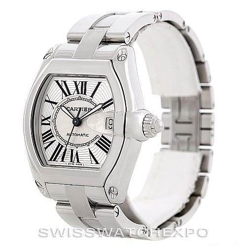 This image shows a Cartier Roadster W62025V3 Men's Stainless Steel Silver Dial W62025V3 Men's Stainless Steel Silver Dial watch at a three-quarter angle, highlighting its face, crown, and bracelet.