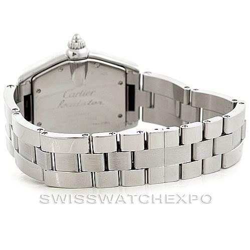 This image shows the back view of a Cartier Roadster W62025V3 Men's Stainless Steel Silver Dial W62025V3 Men's Stainless Steel Silver Dial watch, including the case back and bracelet.