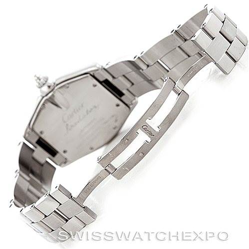The image shows the open stainless steel bracelet and clasp of a Cartier Roadster W62025V3 Men's Stainless Steel Silver Dial W62025V3 Men's Stainless Steel Silver Dial watch from a rear angle.