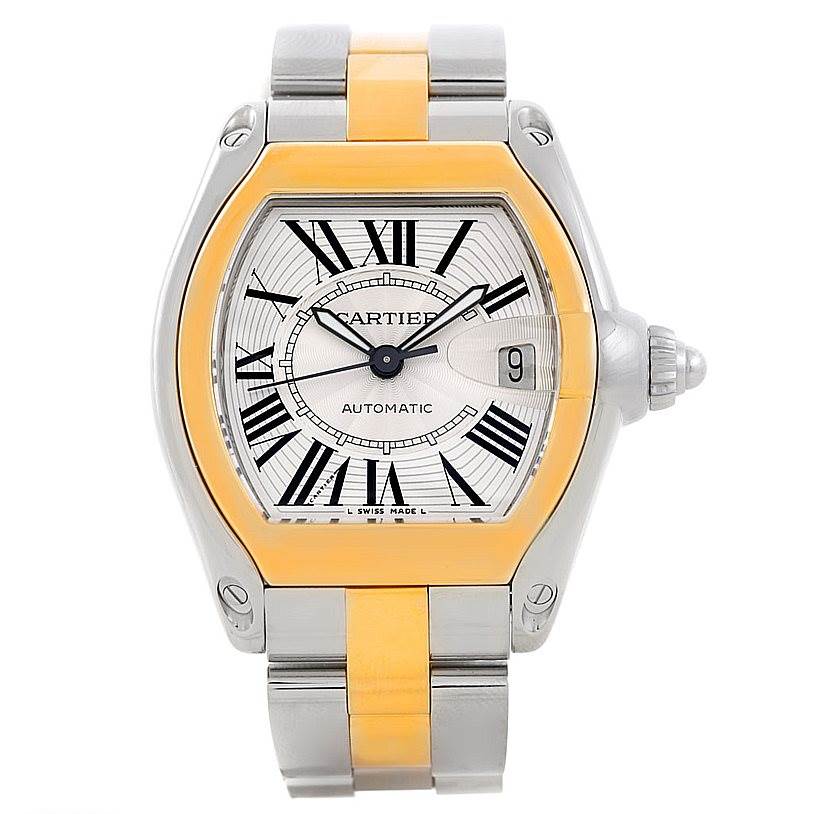 The Cartier Roadster W62031Y4 Men's Steel and Gold (two tone) Silver Dial W62031Y4 Men's Steel and Gold (two tone) Silver Dial watch is shown from a front angle, highlighting the dial, bezel, case, and bracelet.