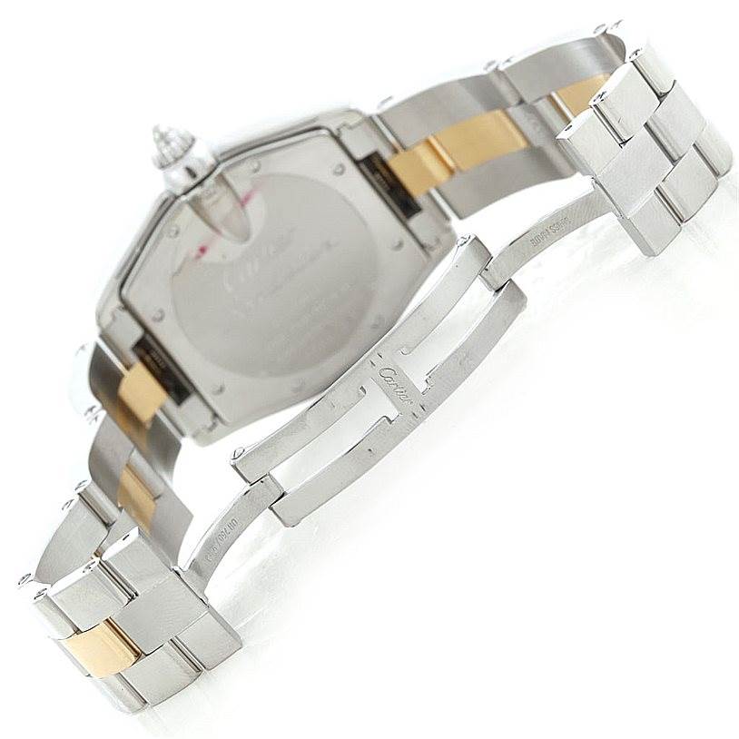 This image shows the back and bracelet clasp of a Cartier Roadster W62031Y4 Men's Steel and Gold (two tone) Silver Dial W62031Y4 Men's Steel and Gold (two tone) Silver Dial watch, viewed at an angle.