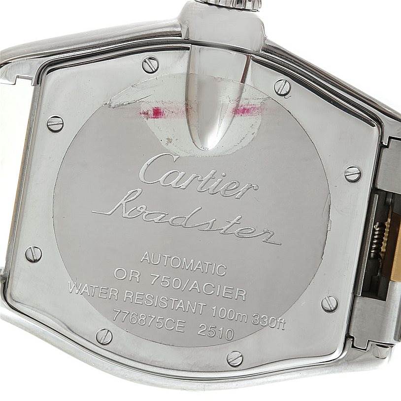 The image shows the back case, crown, and part of the bracelet of a Cartier Roadster W62031Y4 Men's Steel and Gold (two tone) Silver Dial W62031Y4 Men's Steel and Gold (two tone) Silver Dial watch.