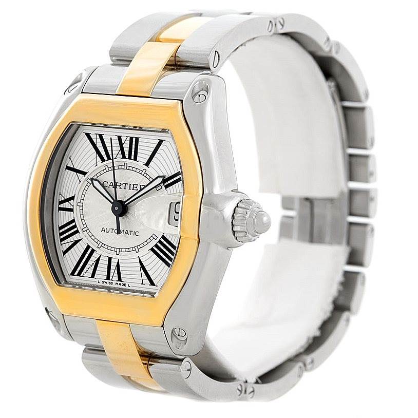 The image shows a Cartier Roadster W62031Y4 Men's Steel and Gold (two tone) Silver Dial W62031Y4 Men's Steel and Gold (two tone) Silver Dial watch at an angled side view, displaying its face, crown, and part of the bracelet.