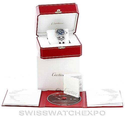 The image shows a Cartier Roadster W6206012 Men's Stainless Steel Blue Dial W6206012 Men's Stainless Steel Blue Dial watch in a red box, along with documents and a CD from a frontal angle.