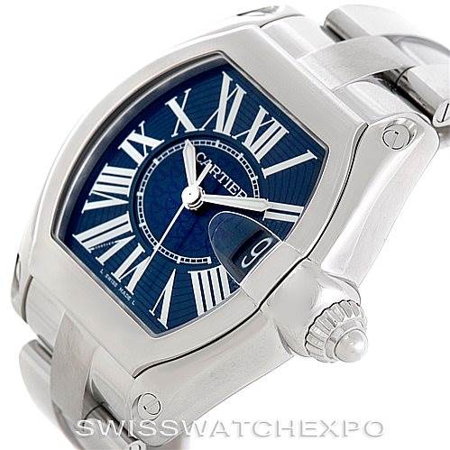 This image shows a Cartier Roadster W6206012 Men's Stainless Steel Blue Dial W6206012 Men's Stainless Steel Blue Dial watch angled slightly to the right, highlighting its crown, bezel, and blue dial with Roman numerals.