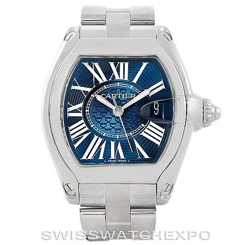 This photo shows a full, front view of the Cartier Roadster W6206012 Men's Stainless Steel Blue Dial W6206012 Men's Stainless Steel Blue Dial watch, featuring its dial, bezel, and bracelet.