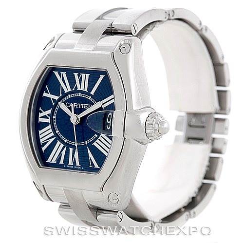 The image shows a Cartier Roadster W6206012 Men's Stainless Steel Blue Dial W6206012 Men's Stainless Steel Blue Dial watch from an angled side view, highlighting the face, bezel, and crown.