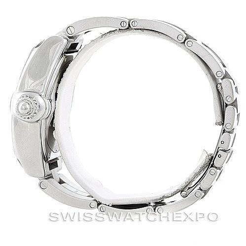 This image shows a side view of a Cartier Roadster W6206012 Men's Stainless Steel Blue Dial W6206012 Men's Stainless Steel Blue Dial watch, focusing on the case, crown, and bracelet.