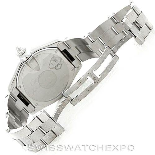 The image shows the back and bracelet of a Cartier Roadster W6206012 Men's Stainless Steel Blue Dial W6206012 Men's Stainless Steel Blue Dial model watch at a slight angle.