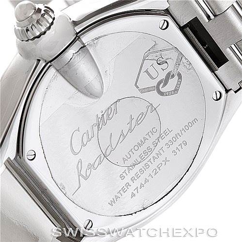 This image shows the back case of the Cartier Roadster W6206012 Men's Stainless Steel Blue Dial W6206012 Men's Stainless Steel Blue Dial watch, highlighting its inscriptions and stainless steel composition.
