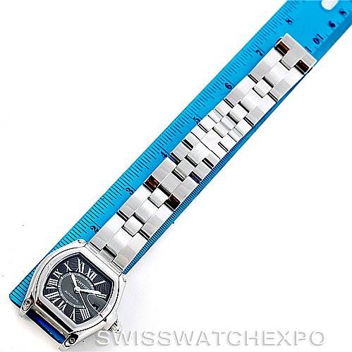 The image shows a top-down view of the Cartier Roadster W62041V3 Men's Stainless Steel Black Dial W62041V3 Men's Stainless Steel Black Dial watch, including the face, bezel, and part of the metal bracelet.