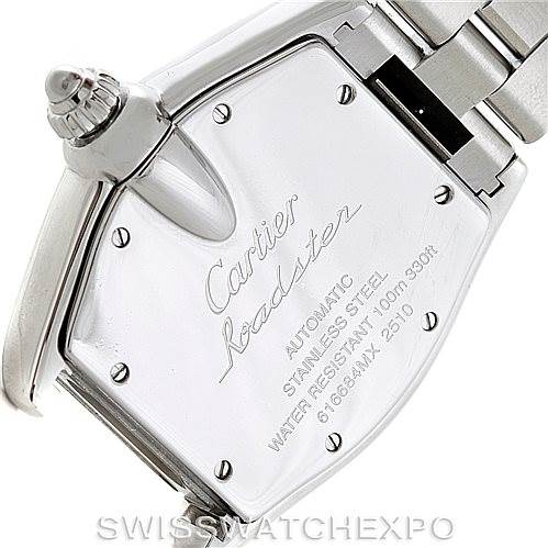 This is the case back of a Cartier Roadster W62041V3 Men's Stainless Steel Black Dial W62041V3 Men's Stainless Steel Black Dial watch, showing the inscription and part of the bracelet.