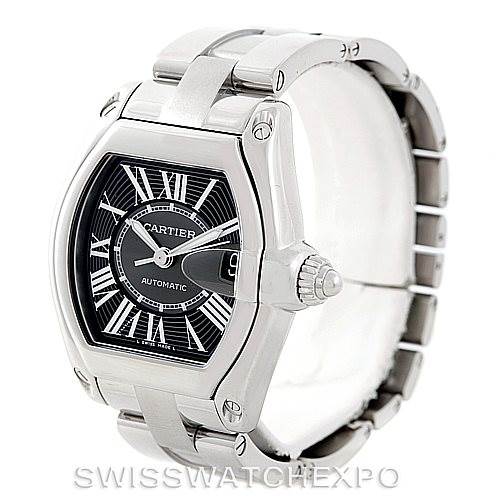 The image shows a side angle of the Cartier Roadster W62041V3 Men's Stainless Steel Black Dial W62041V3 Men's Stainless Steel Black Dial watch, highlighting its face, bezel, crown, and stainless steel bracelet.